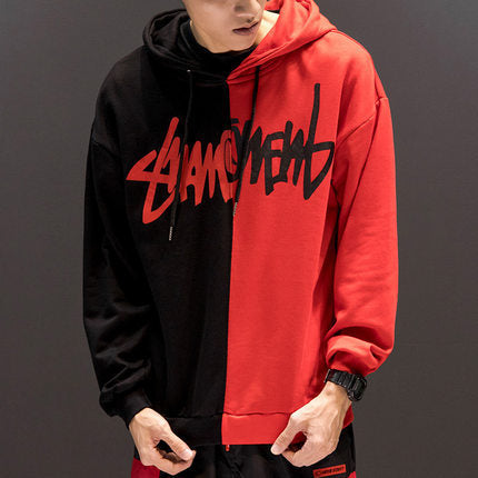 Patchwork Casual Hoodies Fall Winter Letter Printing Loose Pullover Men High Street Fashion Hooded Sweatshirts